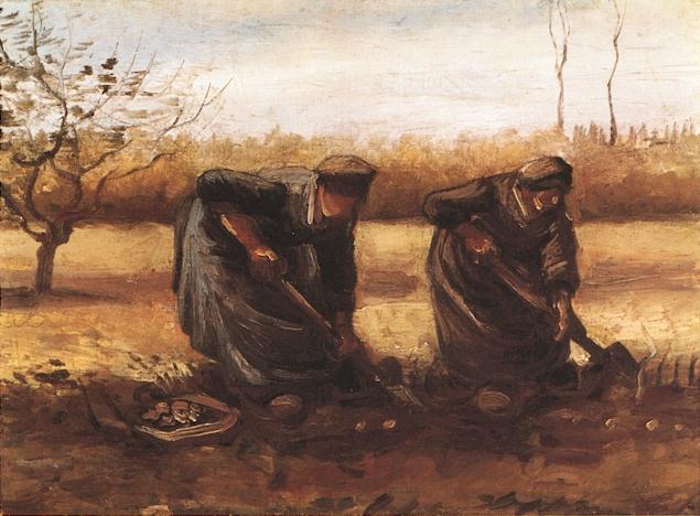 Two peasant women digging potatoes (1885) Vincent van Gogh tablo - Dekolata
