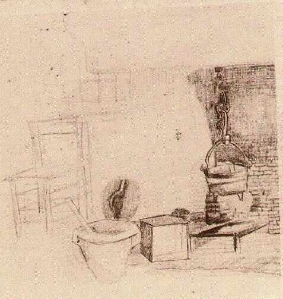 Unfinished Sketch of an Interior with a Pan above the Fire (1881) Vincent van Gogh tablo - Dekolata