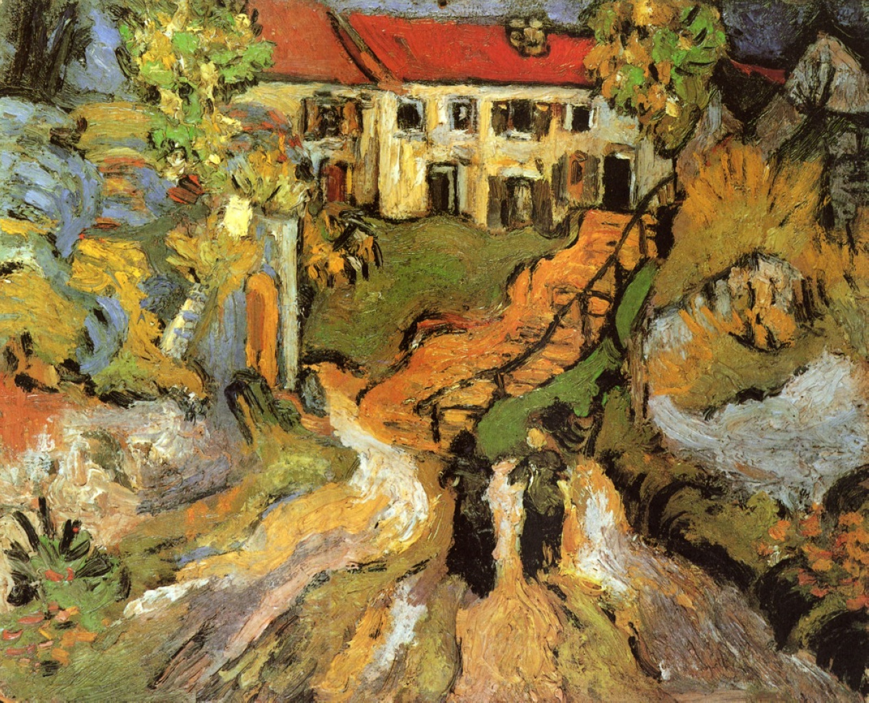 Village Street and Steps in Auvers with Two Figures (1890) Vincent van Gogh tablo - Dekolata