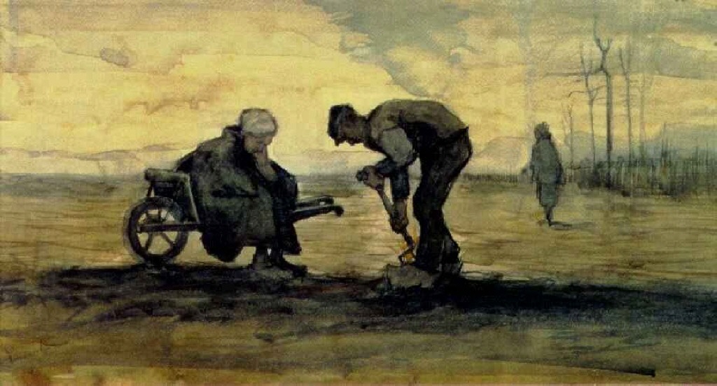 Weed Burner, Sitting on a Wheelbarrow with his Wife (1883) – Vincent van Gogh Tablo