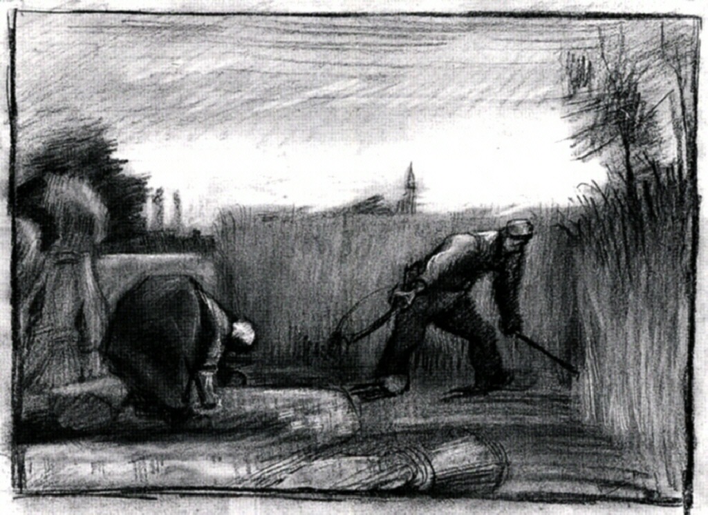 Wheat Field with Mower and a Stooping Peasant Woman (1885) Vincent van Gogh tablo - Dekolata