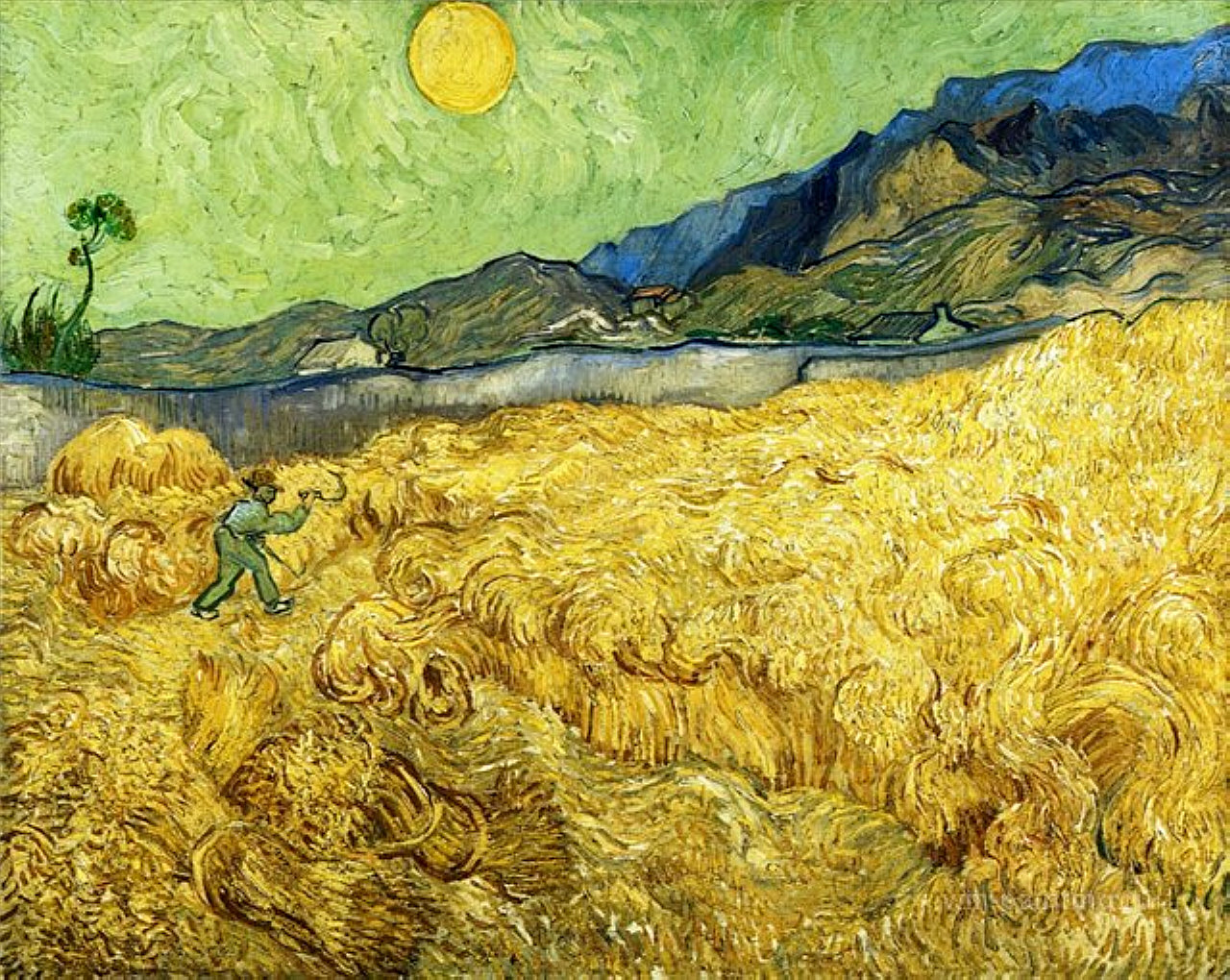 Wheat Field with Reaper and Sun (1889) Vincent van Gogh tablo - Dekolata