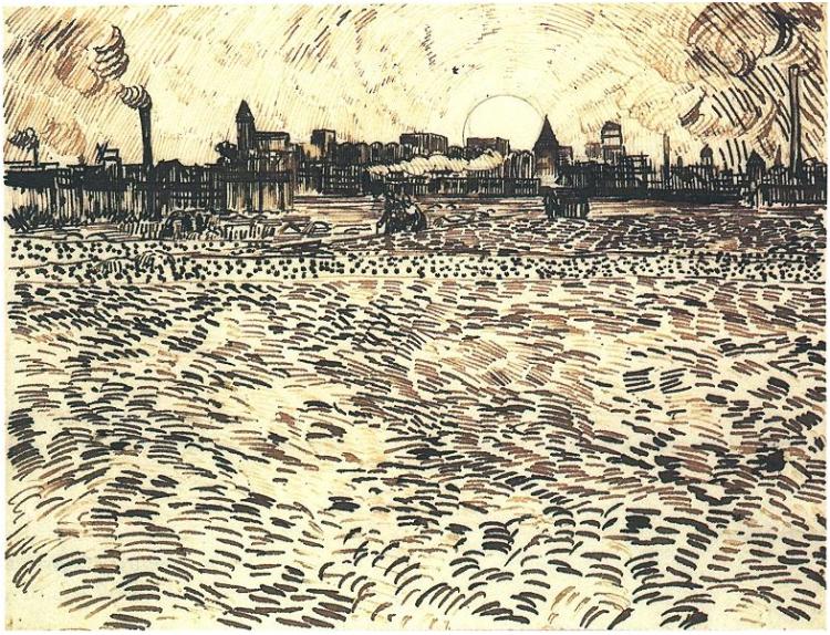 Wheat Field with Setting Sun (1888) Vincent van Gogh tablo - Dekolata