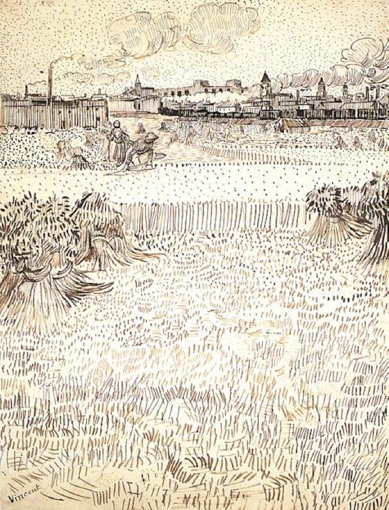 Wheat Field with Sheaves and Arles in the Background (1888) – Vincent van Gogh Tablo