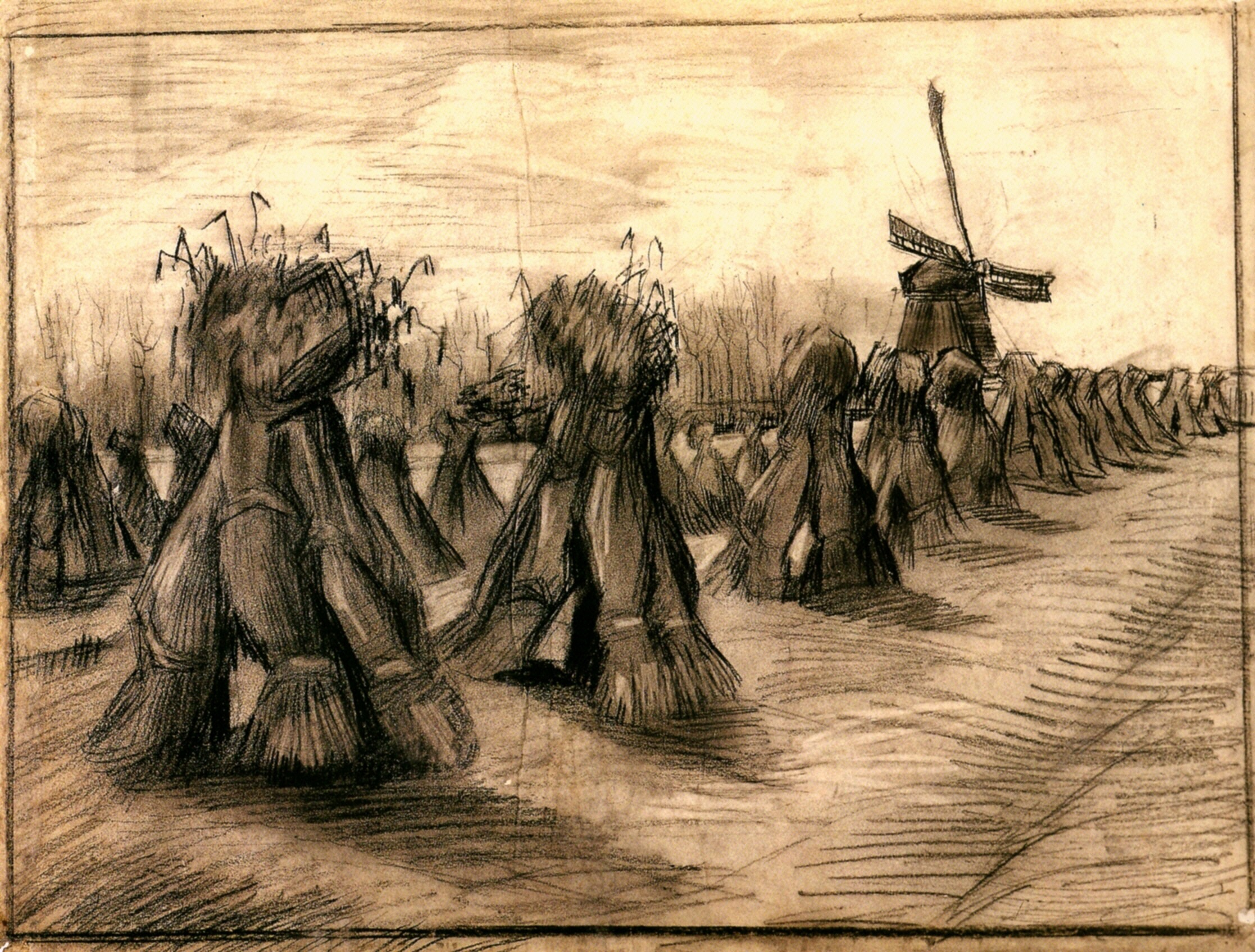 Wheat Field with Sheaves and a Windmill (1885) Vincent van Gogh tablo - Dekolata