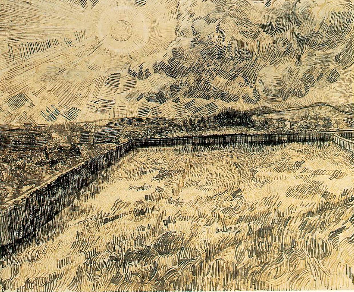 Wheat field with sun and cloud (1889) Vincent van Gogh tablo - Dekolata