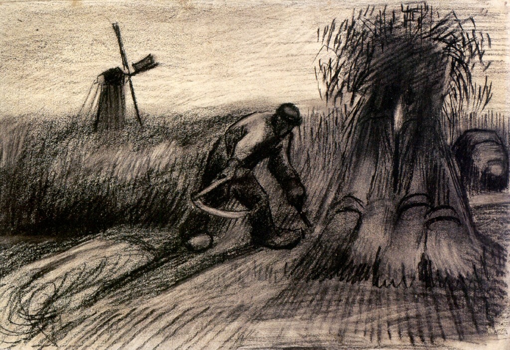 Wheatfield with Reaper and Peasant Woman Binding Sheaves (1885) Vincent van Gogh tablo - Dekolata