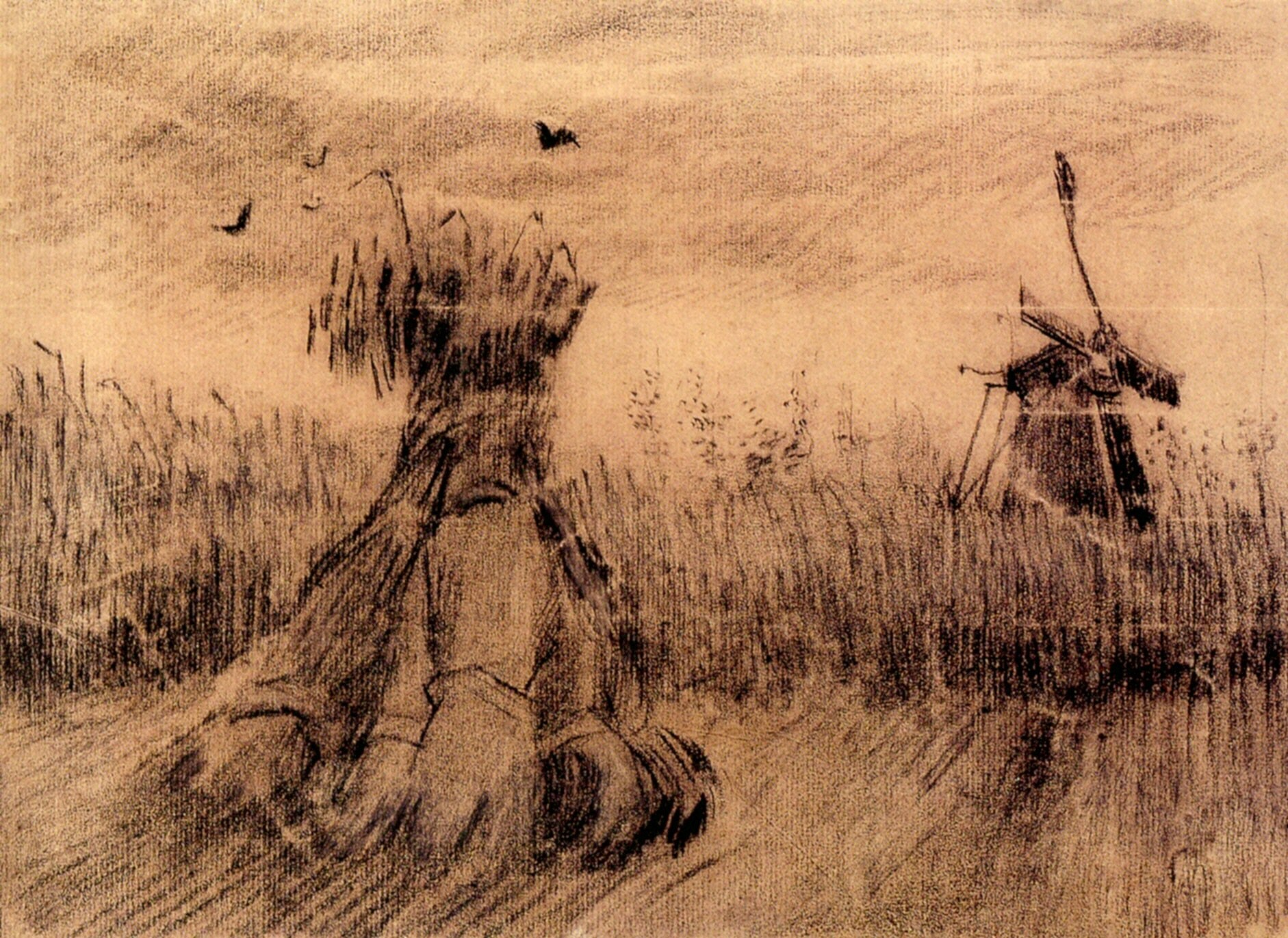 Wheatfield with a Stook and a Mill (1885) Vincent van Gogh tablo - Dekolata