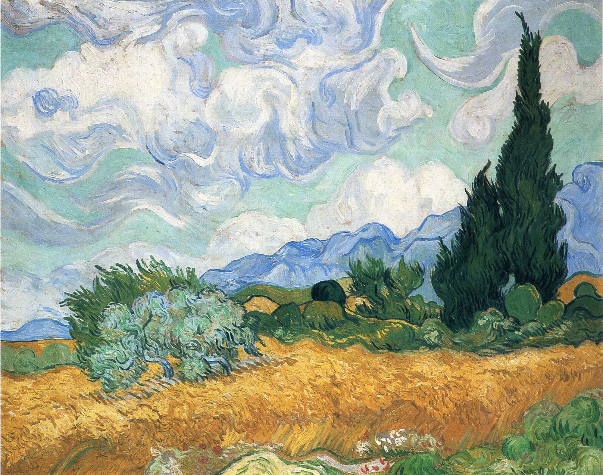 Wheatfield with cypress tree (1889) Vincent van Gogh tablo - Dekolata