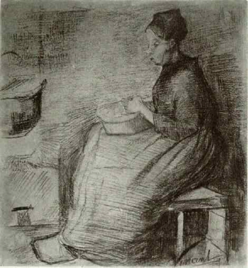 Woman, Sitting by the Fire, Peeling Potatoes (1885) Vincent van Gogh tablo - Dekolata