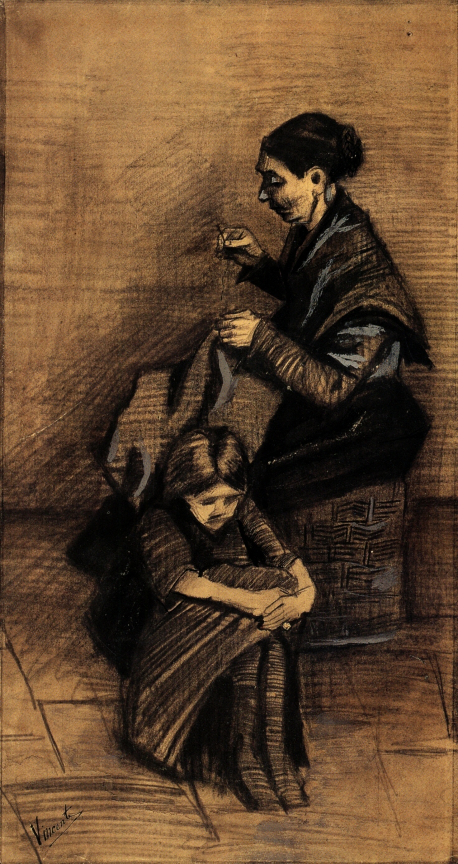 Woman Sewing, with a Girl (1883) Vincent van Gogh tablo - Dekolata