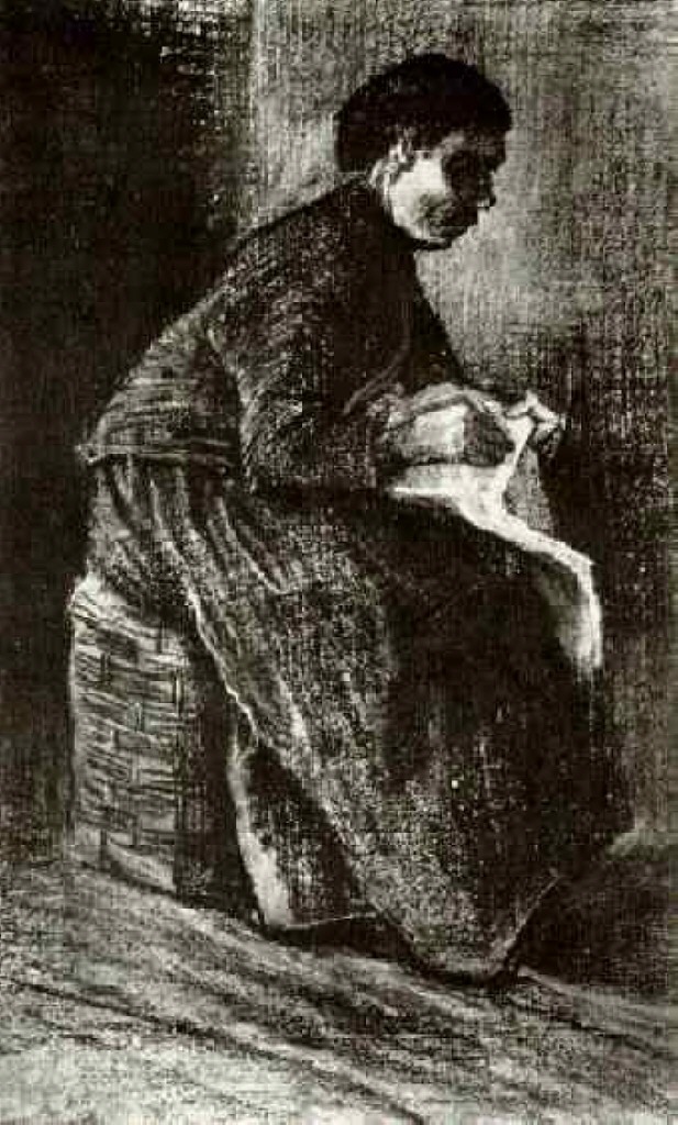 Woman Sitting on a Basket, Sewing (1883) Vincent van Gogh tablo - Dekolata