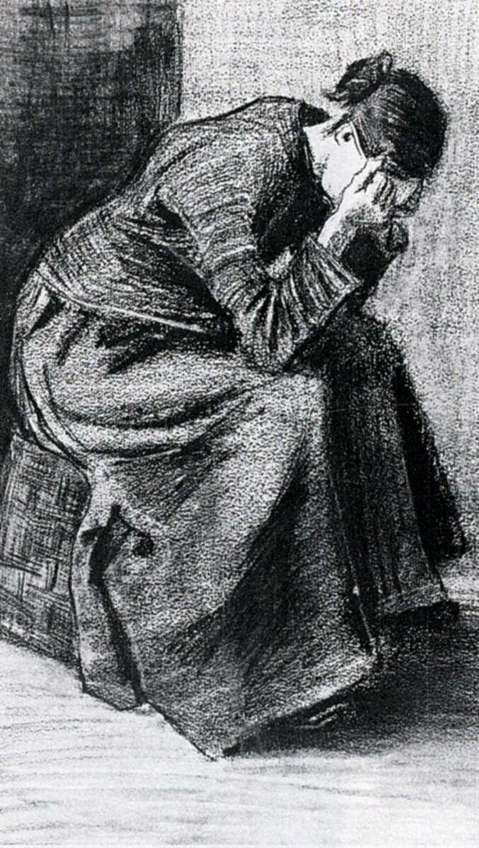 Woman Sitting on a Basket with Head in Hands (1883) Vincent van Gogh tablo - Dekolata