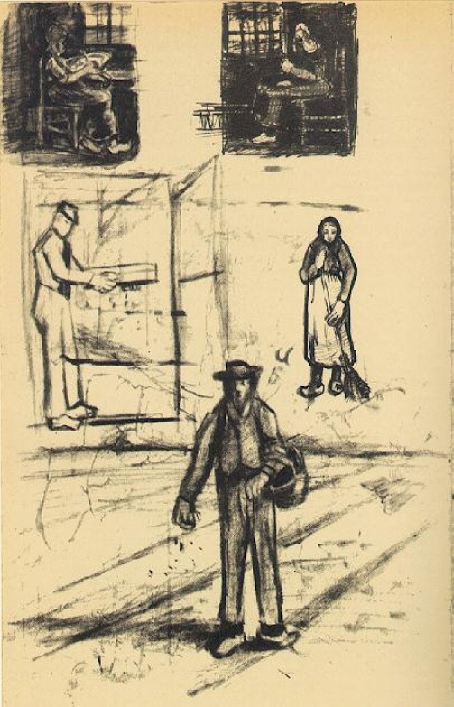 Woman near a Window twice, Man with Winnow, Sower, and Woman with Broom (1881) Vincent van Gogh tablo - Dekolata