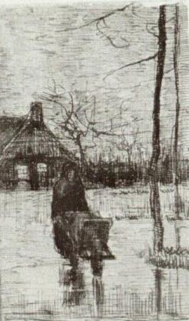 Woman with Wheelbarrow at Night (1884) Vincent van Gogh tablo - Dekolata