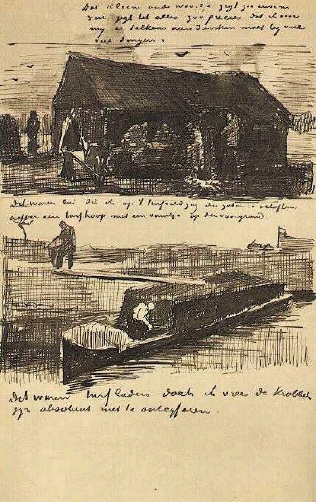 Workman beside a Mound of Peat, and a Peat Boat with Two Figures (1883) Vincent van Gogh tablo - Dekolata