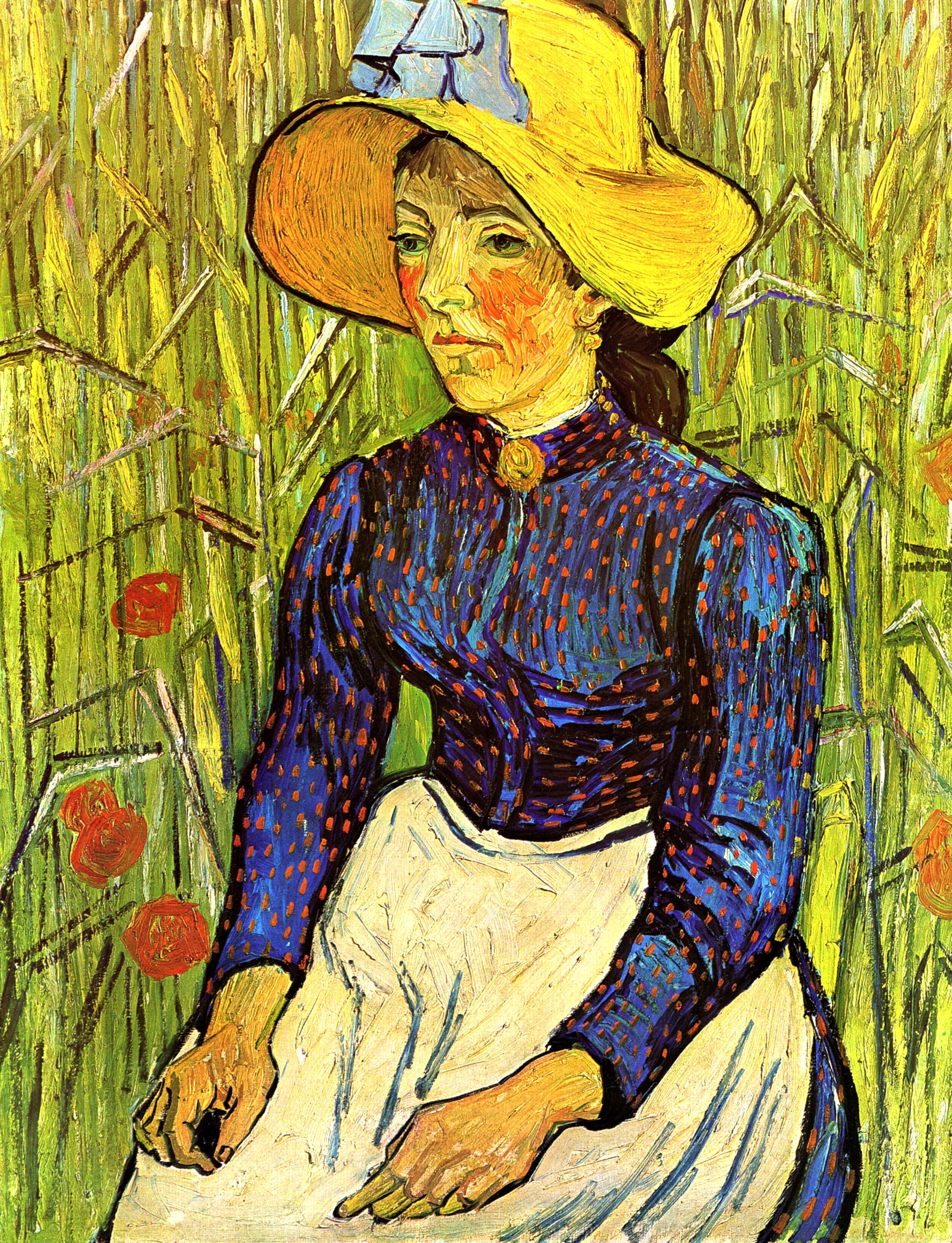 Young Peasant Girl in a Straw Hat sitting in front of a wheatfield (1890) – Vincent van Gogh Tablo