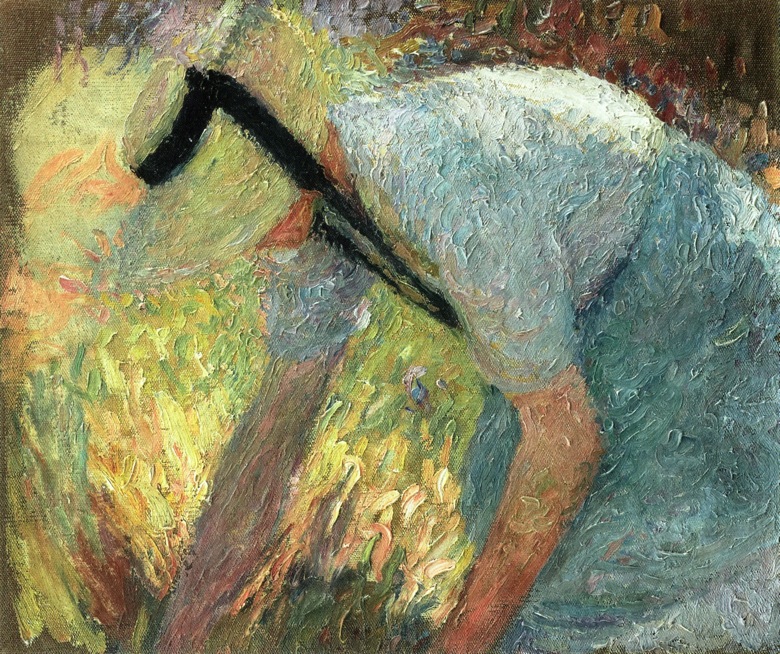 Woman in a Blue Apron and Straw Hat, Picking A Spray of Flowers (1919) Henri Martin tablo - Dekolata