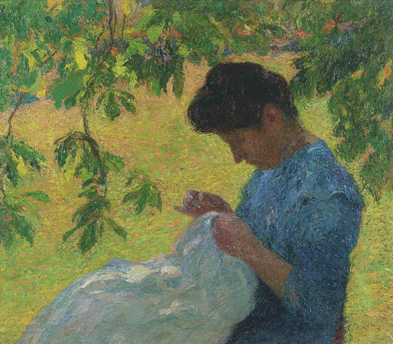 Young Woman Sewing in the Garden Henri Martin tablo - Dekolata
