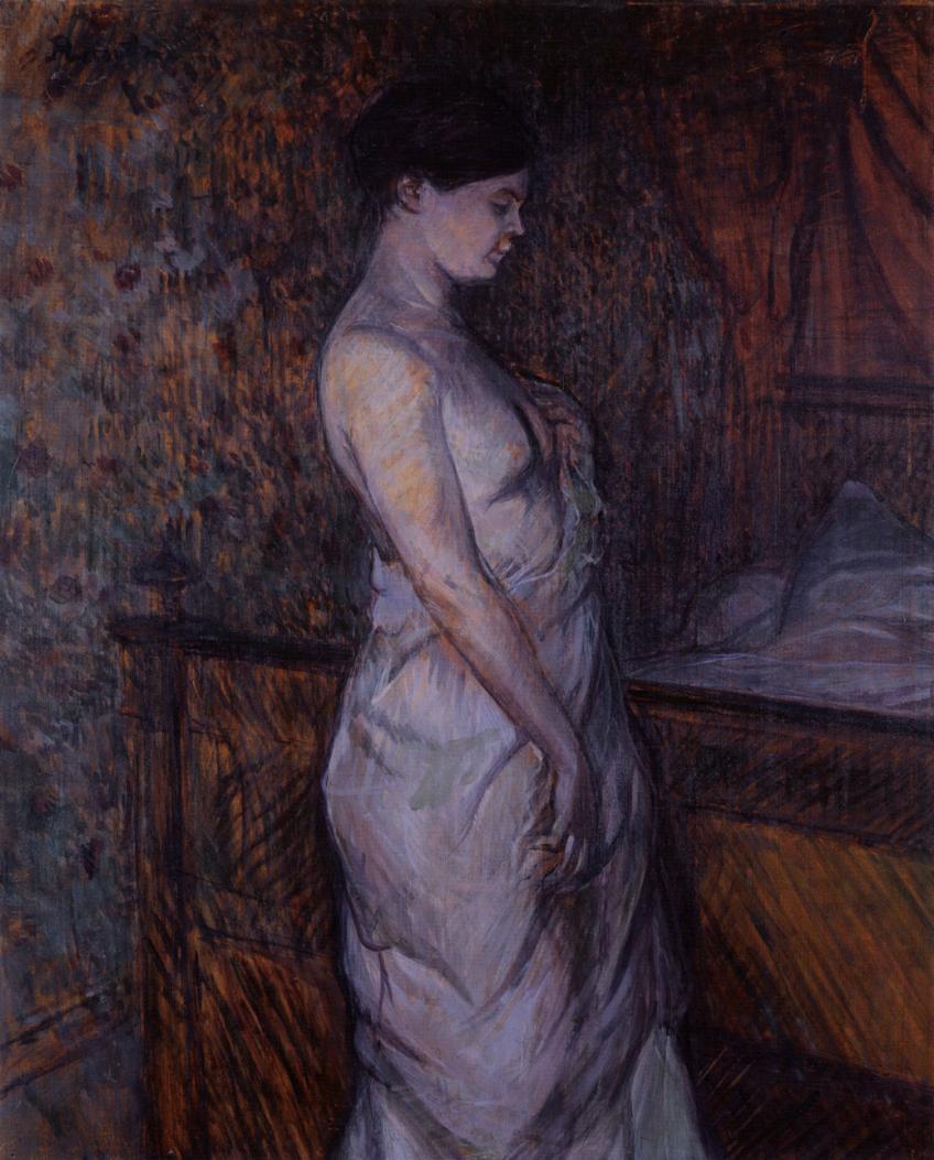 Woman in a Chemise Standing by a Bed (Madame Poupoule) (1899) Henri de Toulouse-Lautrec tablo - Dekolata