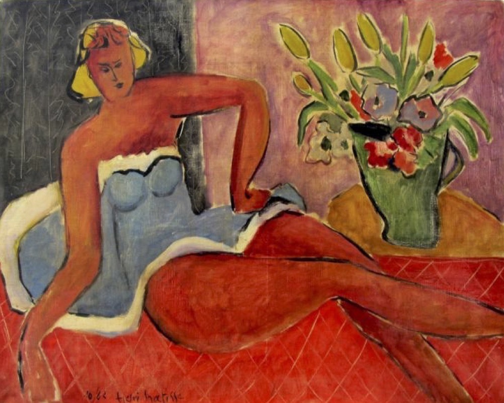 Woman Lying Close to a Vase of Flowers (1942) Henri Matisse tablo - Dekolata