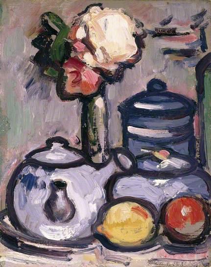 Still Life Teapot with Flowers and Fruit (1912) John Duncan Fergusson tablo - Dekolata
