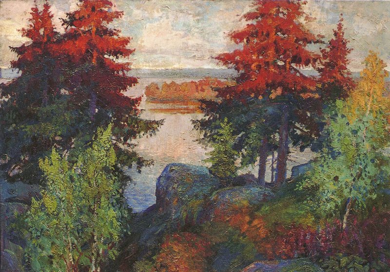 Autumn Landscape with River – Konstantin Gorbatov Tablo