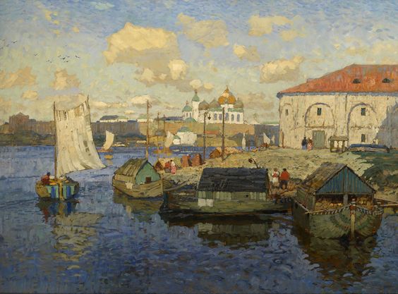 Bateaux À Novgorod (1920) Konstantin Gorbatov tablo - Dekolata