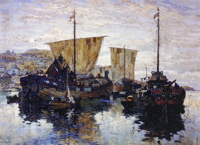 Boats in Veliky Novgorod (1912) – Konstantin Gorbatov Tablo