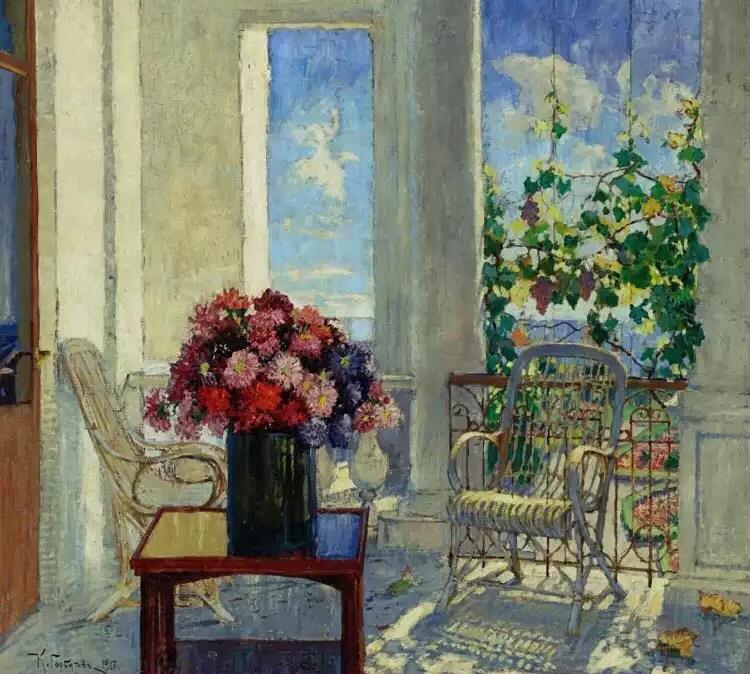 Flowers on the Veranda (1917) Konstantin Gorbatov tablo - Dekolata