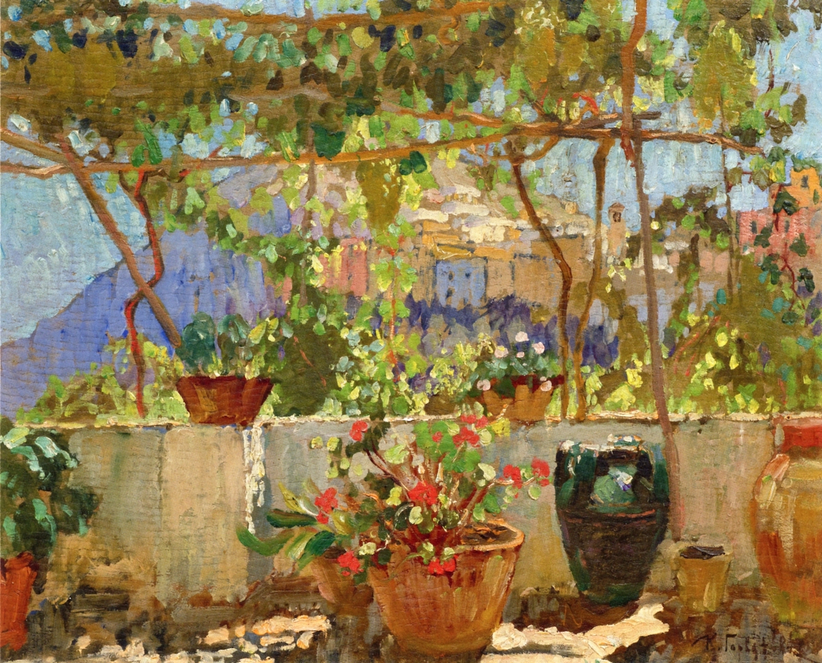 Mediterranean Pergola with View of a Mountain Village (1926) Konstantin Gorbatov tablo - Dekolata