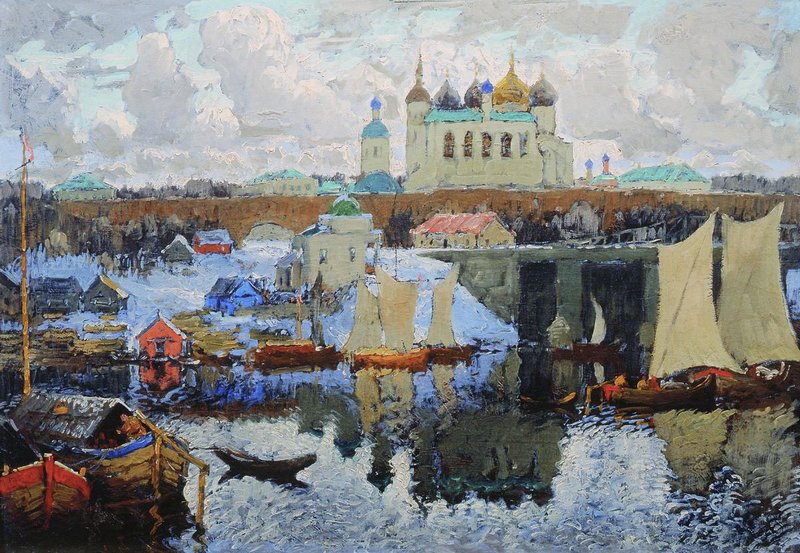 Pier in Novgorod (1919) Konstantin Gorbatov tablo - Dekolata