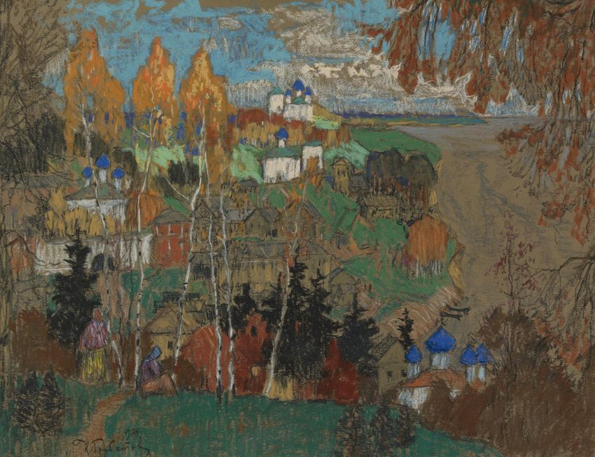 Village with Two Figures (1924) Konstantin Gorbatov tablo - Dekolata