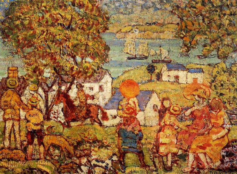 Landscape Figures, Cottages and Boats (1916) Maurice Prendergast tablo - Dekolata