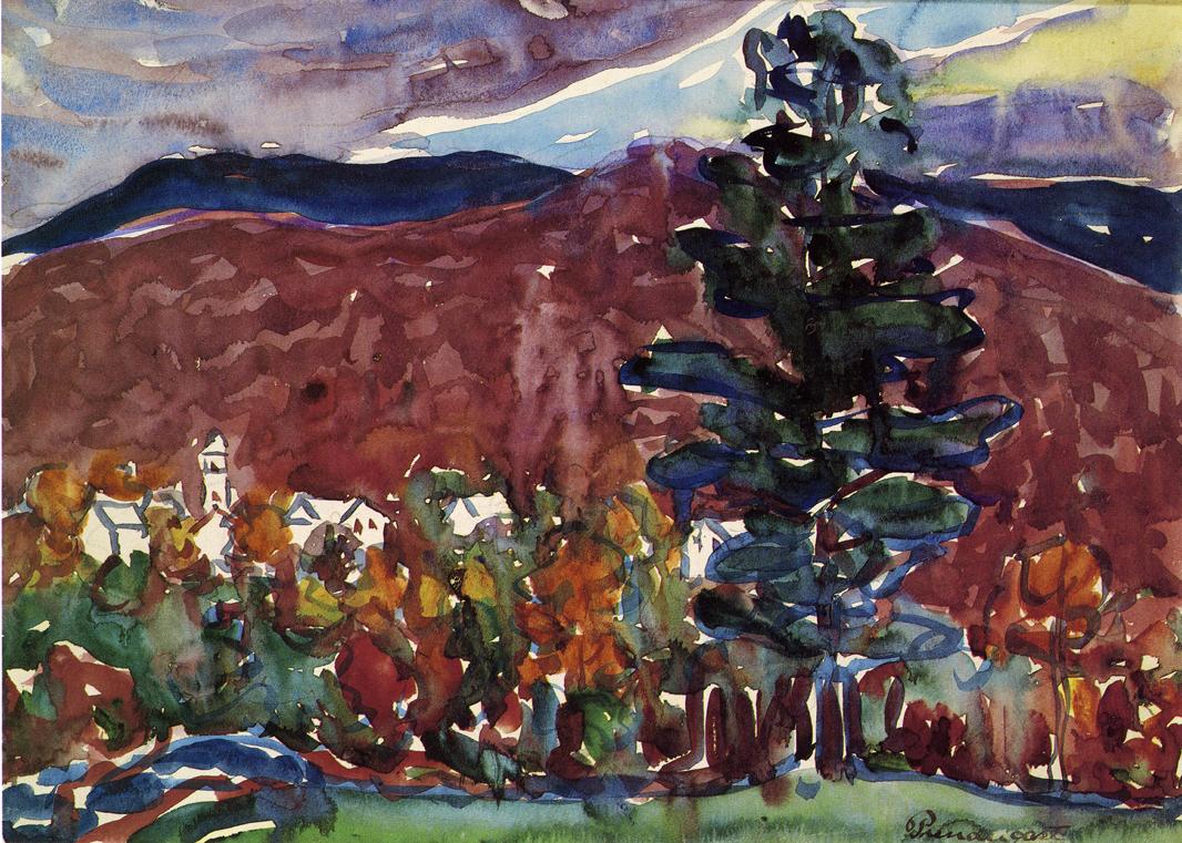 Village Against Purple Mountain (1910) – Maurice Prendergast Tablo