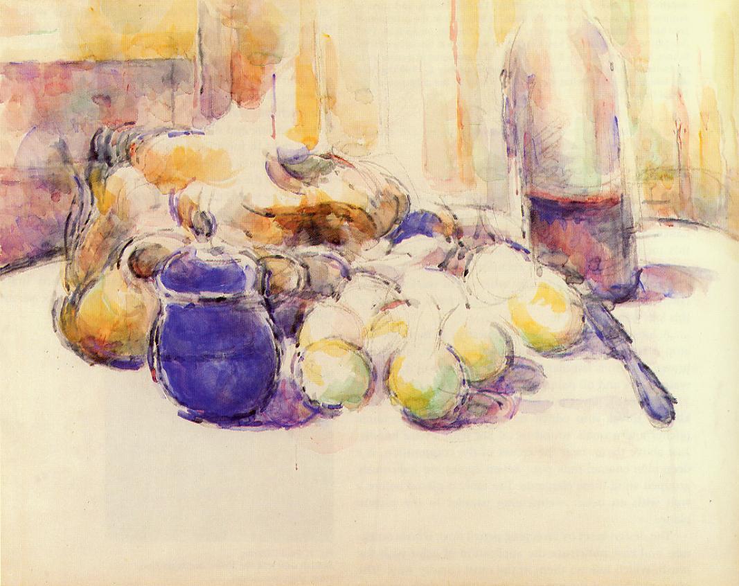 Blue Pot and Bottle of Wine (1902) Paul Cézanne tablo - Dekolata