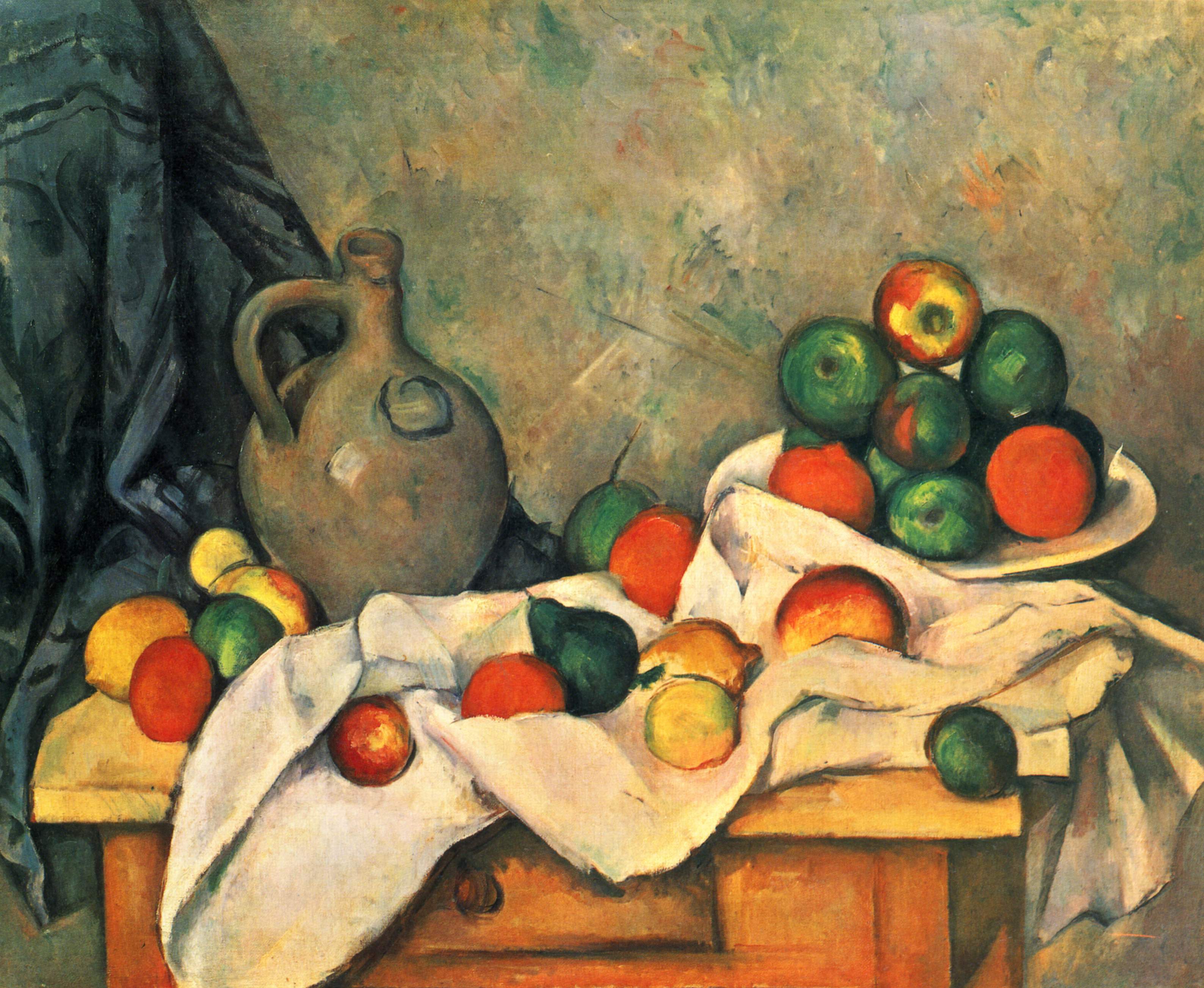 Curtain, Jug and Fruit (1894) Paul Cézanne tablo - Dekolata