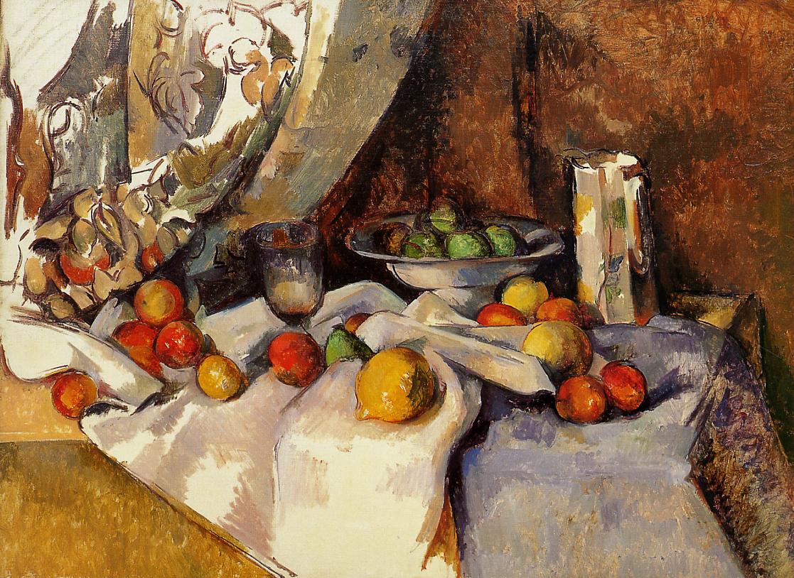 Still Life Post, Bottle, Cup and Fruit (1871) Paul Cézanne tablo - Dekolata
