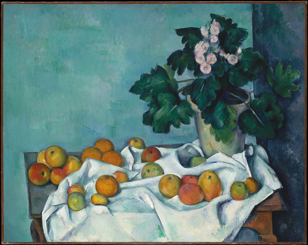 Still Life with Apples and a Pot of Primroses (1890) Paul Cézanne tablo - Dekolata