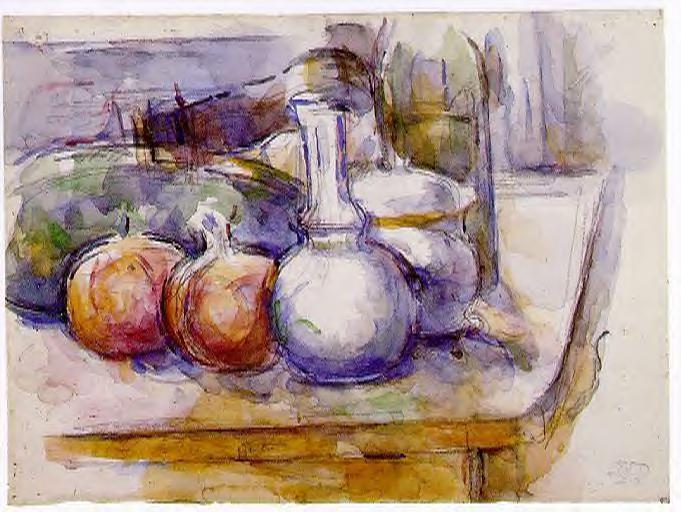 Still Life with Carafe, Sugar Bowl, Bottle, Pommegranates and Watermelon (1900) Paul Cézanne tablo - Dekolata