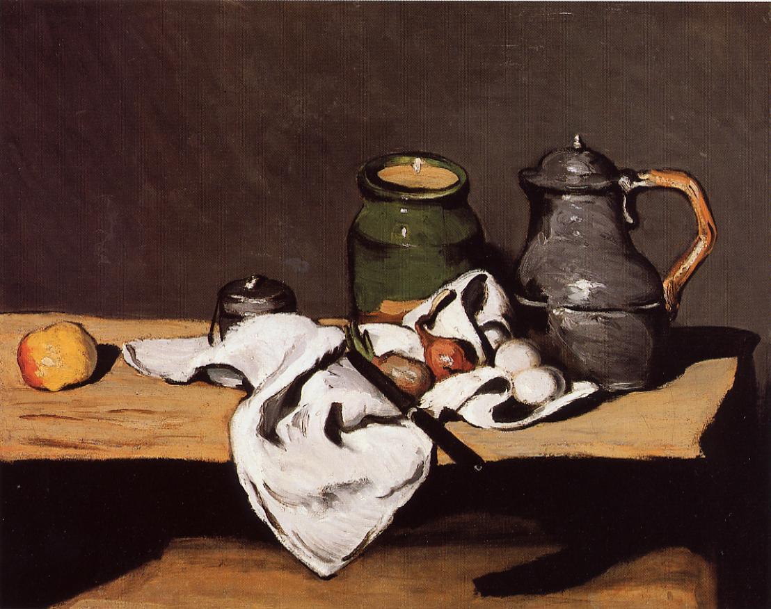 Still Life with Green Pot and Pewter Jug (1870) Paul Cézanne tablo - Dekolata