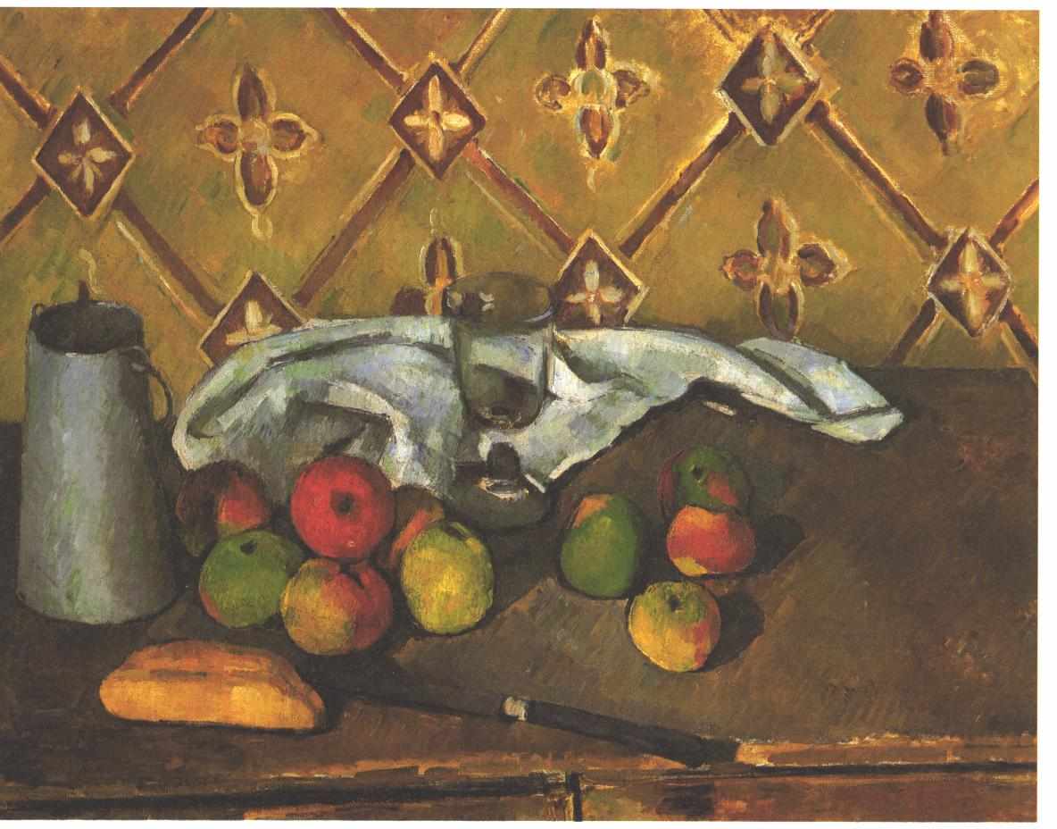 Still life with apples, servettes and a milkcan (1880) Paul Cézanne tablo - Dekolata