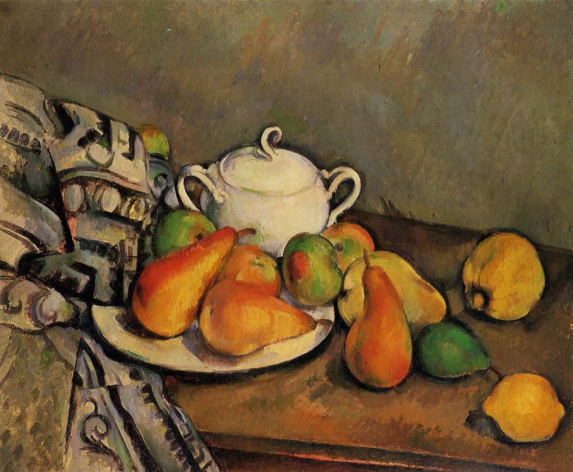 Sugarbowl, Pears and Tablecloth (1894) Paul Cézanne tablo - Dekolata