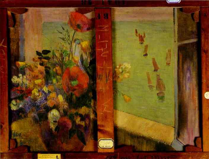 Bouquet of Flowers with a Window Open to the Sea (Reverse of Hay Making in Brittany) (1888) – Paul Gauguin Tablo