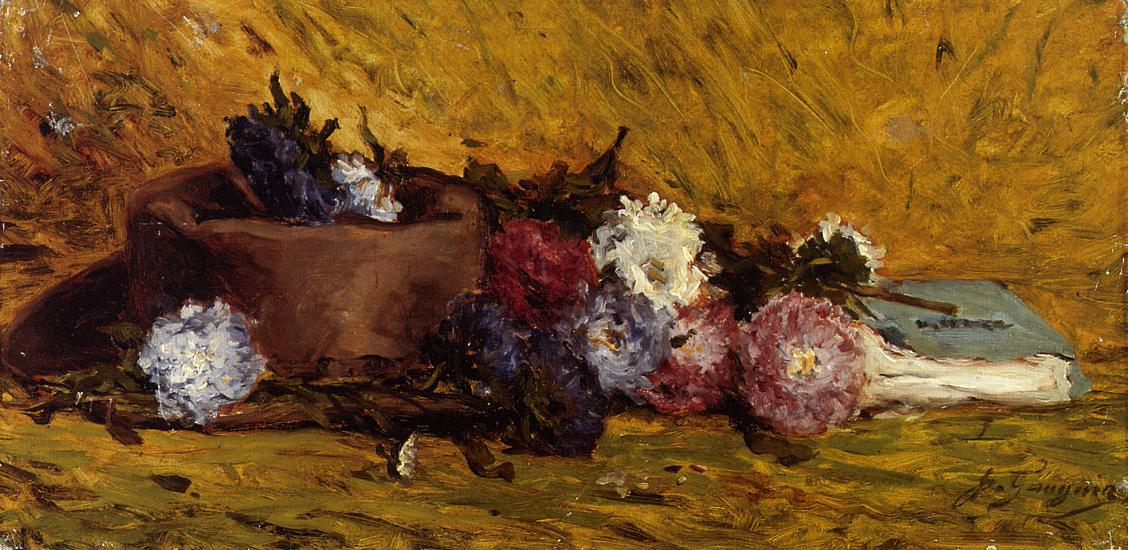 China Asters, Hat and Book (1876) Paul Gauguin tablo - Dekolata