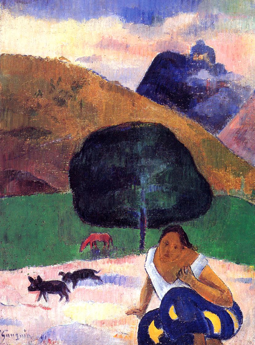Landscape with black pigs and a crouching Tahitian (1891) Paul Gauguin tablo - Dekolata