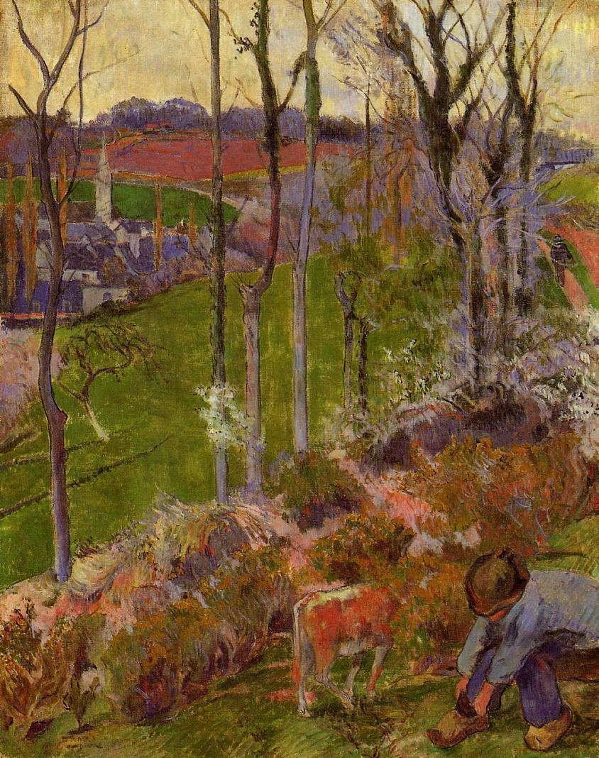 Petit Breton arranging his shoe, or Landscape at Pont Aven, Brittany (1888) Paul Gauguin tablo - Dekolata