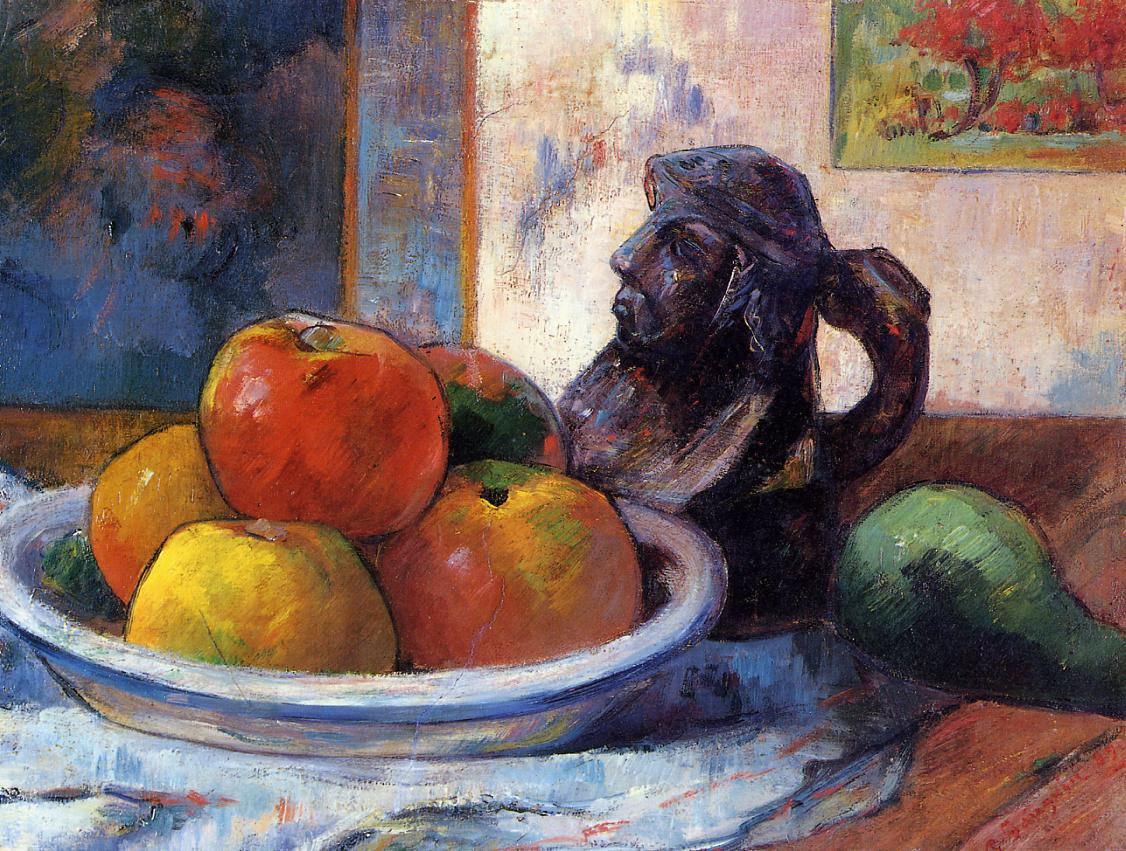 Still Life with Apples, a Pear and a Ceramic Portrait Jug (1889) Paul Gauguin tablo - Dekolata