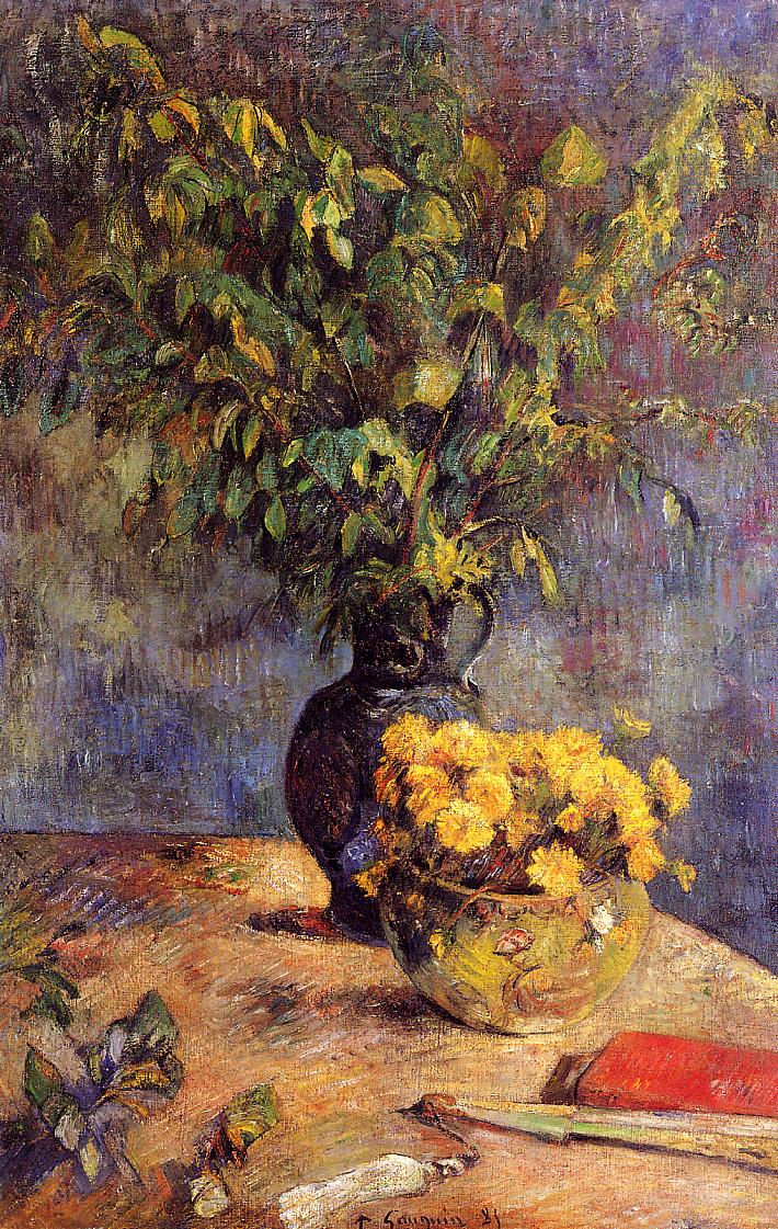 Two vases of flowers and a fan (1885) Paul Gauguin tablo - Dekolata