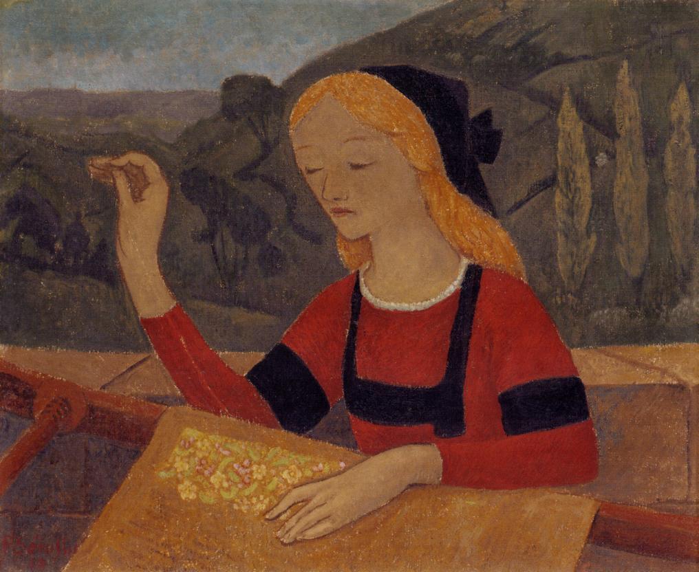 Embroiderer in a Landscape of Chateauneuf (1910) – Paul Sérusier Tablo